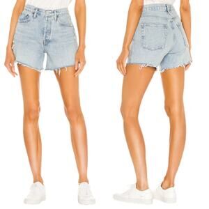 NEW Agolde Parker Distressed Frayed Hem Long Denim Short Light Blue Size: 30